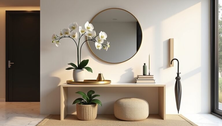 Modern elegant entryway table decor with gold geometric lamp, natural eucalyptus, jute rug, and snake plant in a minimalist foyer. Neutral tones and soft lighting for a welcoming first impression.