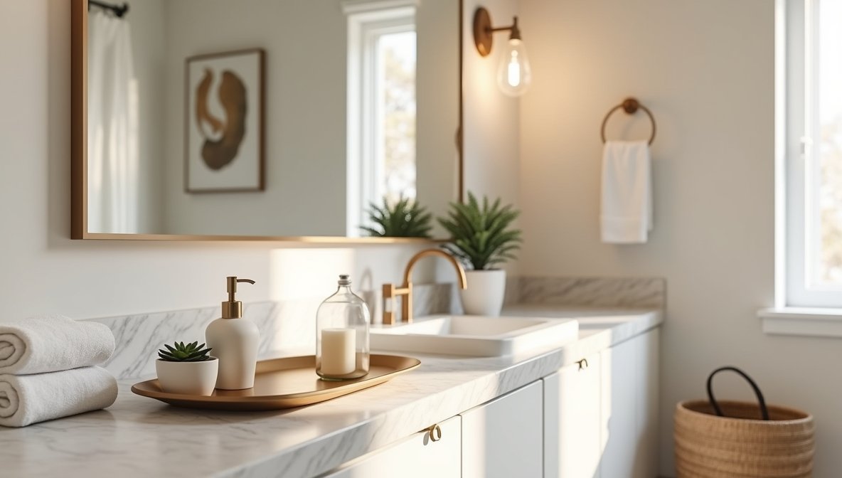 Serene and stylish bathroom counter decor with marble surfaces, gold accents, and natural greenery. Modern bathroom styling ideas for relaxation and elegance.
