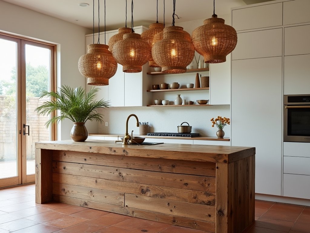 Modern coastal kitchen with wicker pendant lights above a reclaimed wood island, brass fixtures, and terracotta tile flooring. Natural textures meet industrial accents.