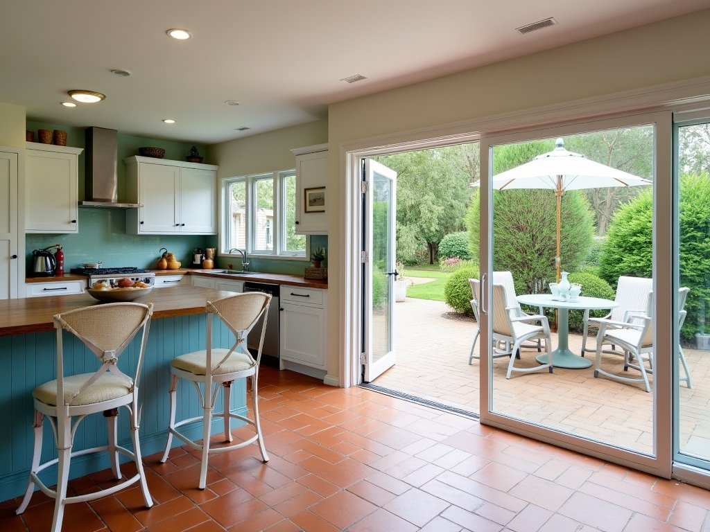 Seamless indoor-outdoor coastal kitchen with sliding glass doors, terracotta tiles, and aluminum patio chairs. Breezy design blending terra cotta, blue, and green hues.