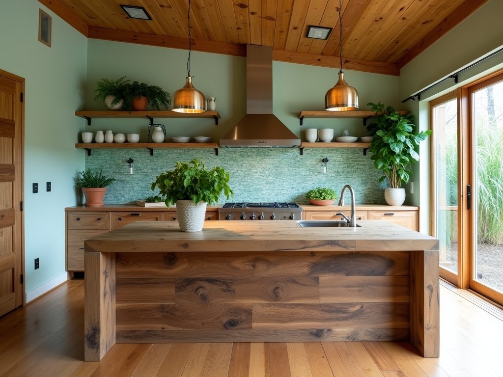 Eco-friendly coastal kitchen with reclaimed barnwood island, recycled glass backsplash, and bamboo flooring. Sustainable design in natural wood and blue accents.