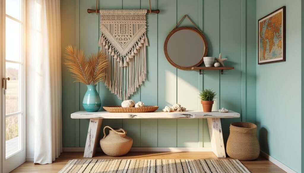 Coastal bohemian entryway table decor with driftwood console, macramé wall hanging, seashells, and turquoise accents. Relaxed beach-inspired design with natural textures and warm lighting.