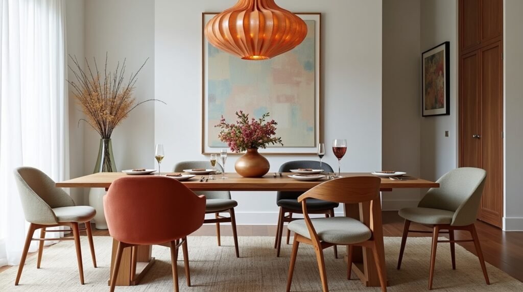 beautifully curated dining room designed to make mealtime memorable in 2025. Feature a mix of stylish mismatched seating around a wooden or modern dining table, a bold statement chandelier or pendant lighting above, and eye-catching wall art. The table is set with a creative centerpiece—such as fresh florals, sculptural vases, or layered tableware—that adds personality. The atmosphere should feel warm, inviting, and filled with designer flair.