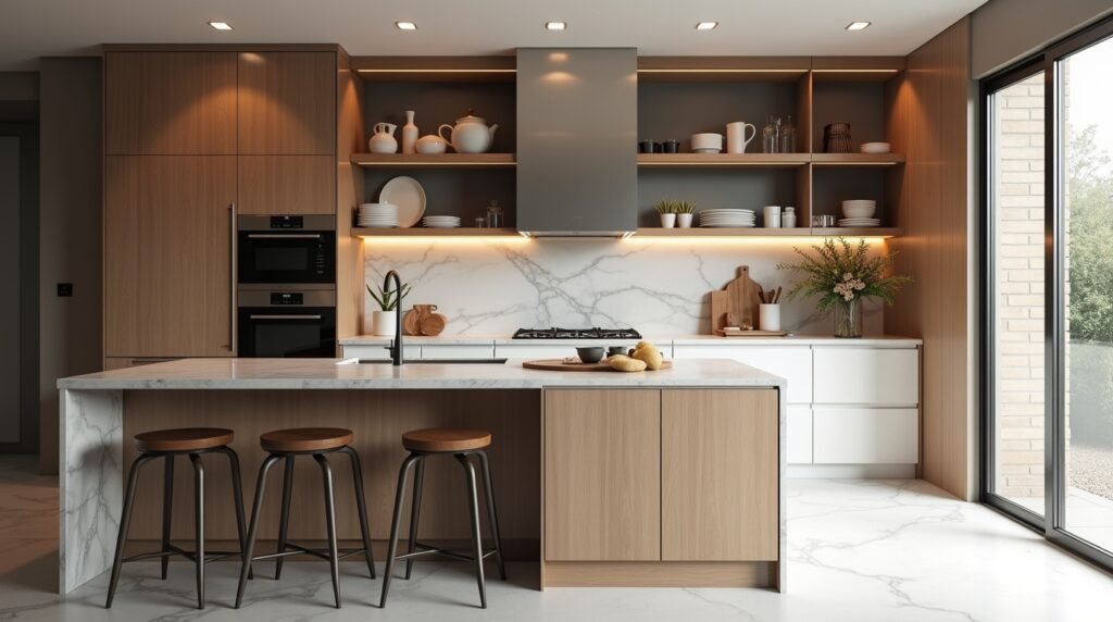 modern kitchen showcasing 2025 design trends: open shelving with neatly arranged cookware and decor, mixed material countertops combining marble and wood, integrated smart appliances seamlessly blending into cabinetry, and a clean, spacious layout. Include warm natural lighting, minimalist decor, and a sophisticated yet welcoming atmosphere.