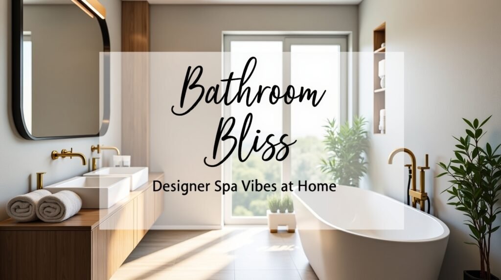 luxurious, spa-inspired bathroom with a calming, neutral color palette—think soft whites, warm beiges, and cool greys. Showcase a sleek floating vanity, a freestanding soaking tub, and subtle luxury details like rolled towels, candles, gold or matte black fixtures, and greenery