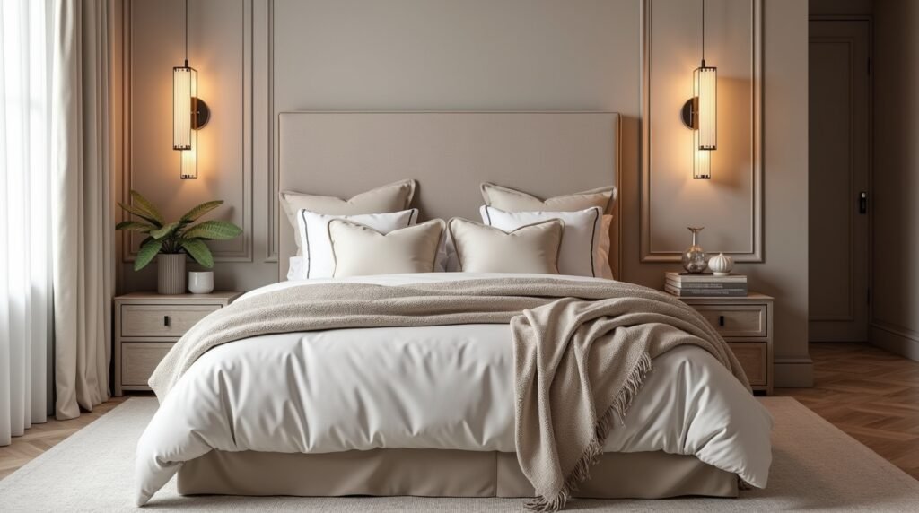stylish bedroom retreat designed for 2025, featuring layered textiles like plush throws, soft duvets, and decorative pillows in calming tones. A bold, statement headboard serves as the focal point, complemented by smart, ambient lighting options such as adjustable wall sconces and bedside lamps.