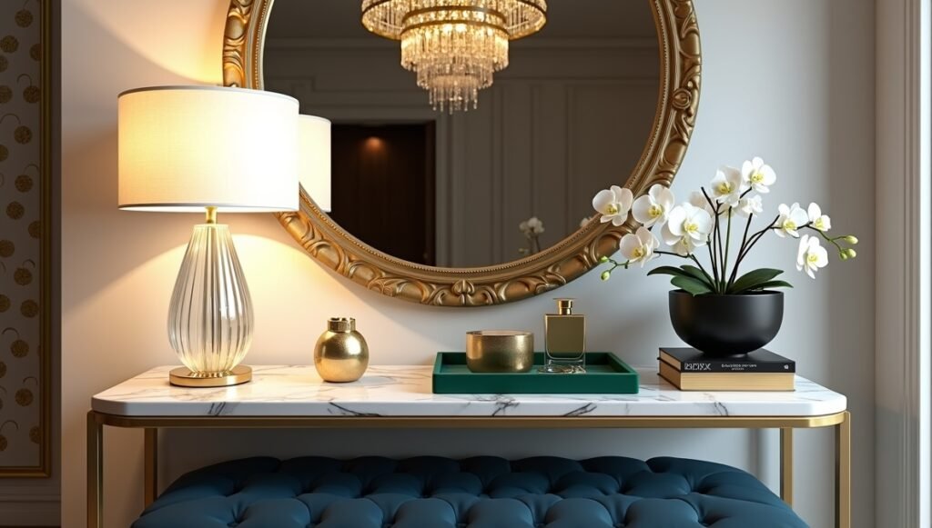 Luxurious entryway table decor with Carrara marble, crystal lamp, gold mirror, and velvet tray. Opulent modern design with soft lighting and elegant accents for a glamorous home entrance.