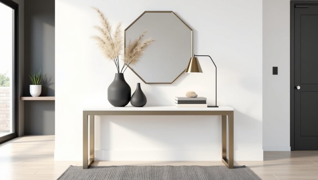 Modern minimalist entryway table with floating white console, geometric black vase, brass lamp, and hexagonal mirror. Clean design with neutral tones and natural textures for a sleek home entrance.