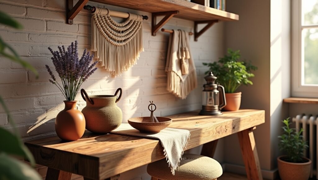Rustic organic entryway table decor with reclaimed wood, woven jute basket, terra-cotta vase, and vintage lantern. Earthy textures and warm lighting for a cozy, nature-inspired home entrance.