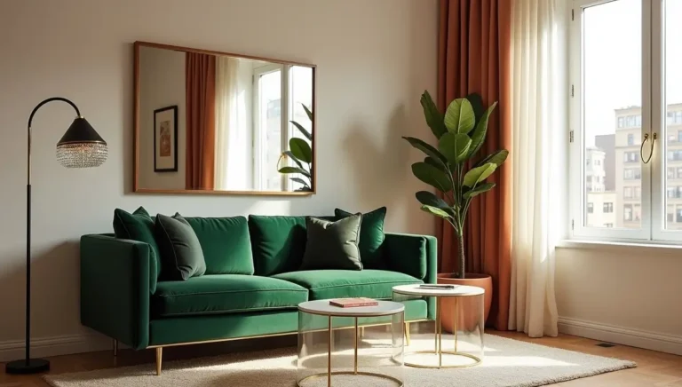 Small space living room luxury makeover with mirrors, velvet sofa, and layered lighting - 20 designer hacks for upscale compact interiors