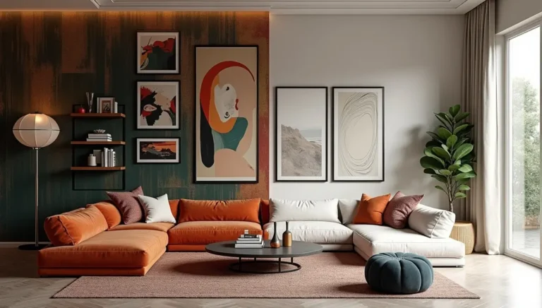 Split-screen view contrasting a vibrant maximalist living room with a serene minimalist living room design.