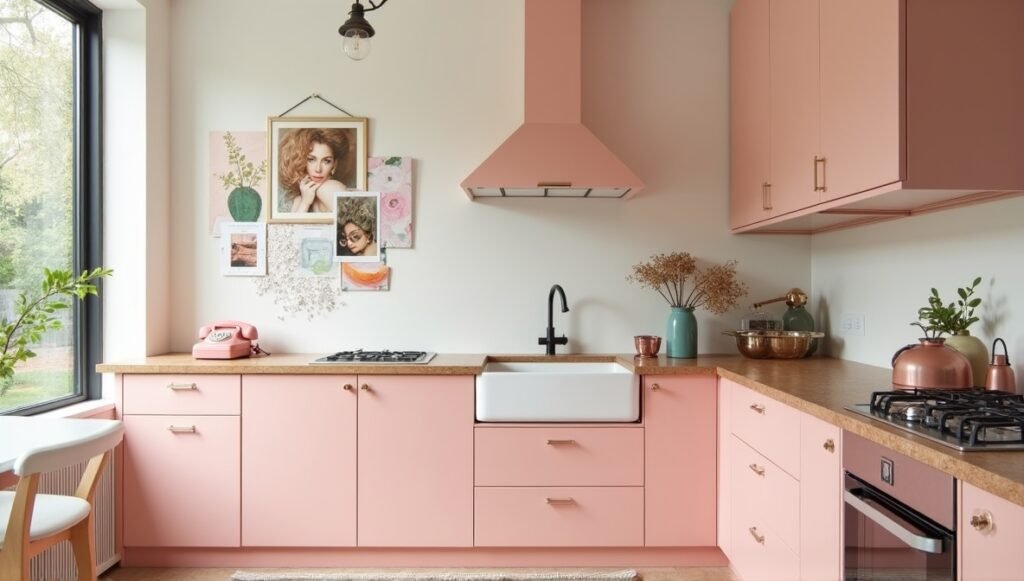 2025 pink kitchen trend with blush cabinetry, rose gold fixtures, retro decor, and floral accents in a bright, airy modern design
