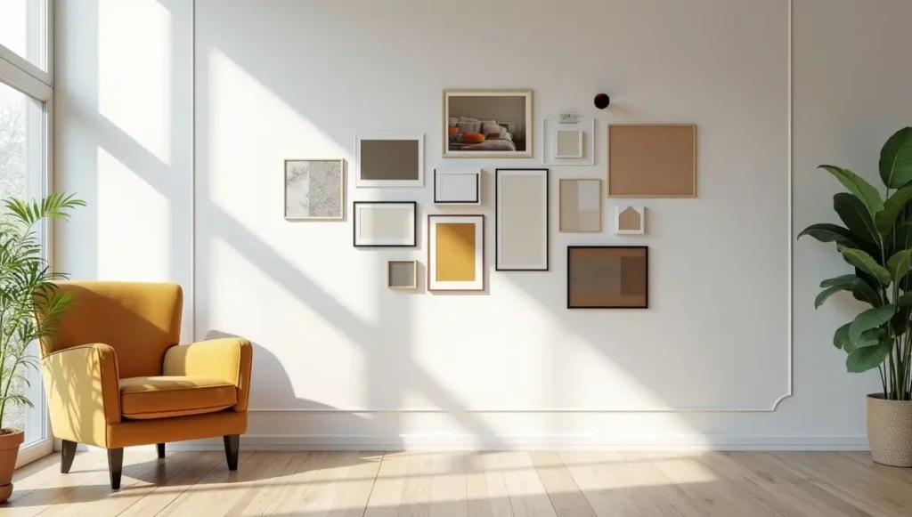 Inspiring living room corner with an armchair facing interior design mood boards, symbolizing the start of a style journey.