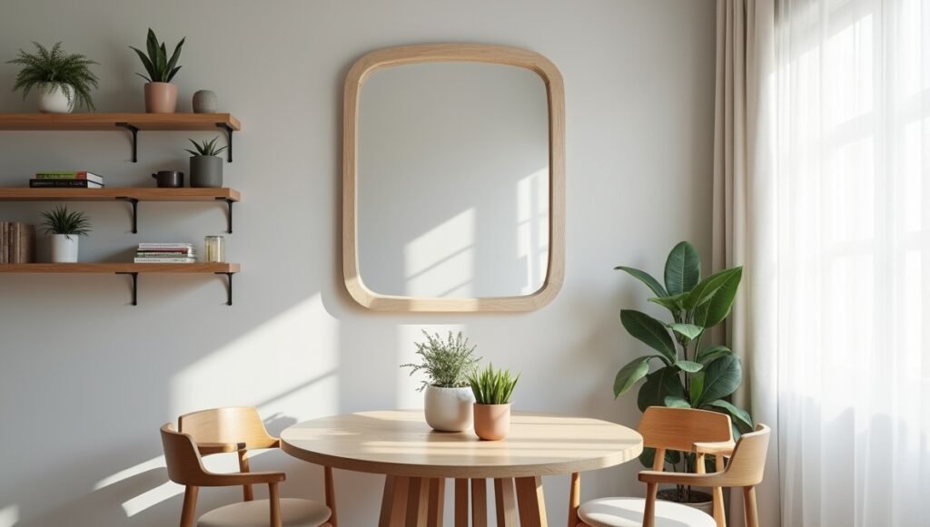 Small modern dining room with round wooden table, light gray walls, and mirrors enhancing natural light – minimalist Scandinavian design for compact spaces.