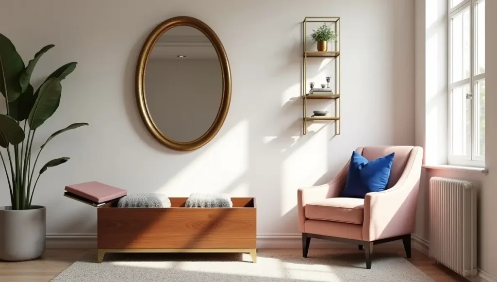 Strategic mirror placement and multi-functional furniture in small living room - psychology of luxury compact spaces