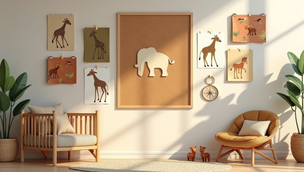 Safari nursery mood board with animal sketches, earthy paint swatches, and rustic decor samples for nursery planning inspiration.