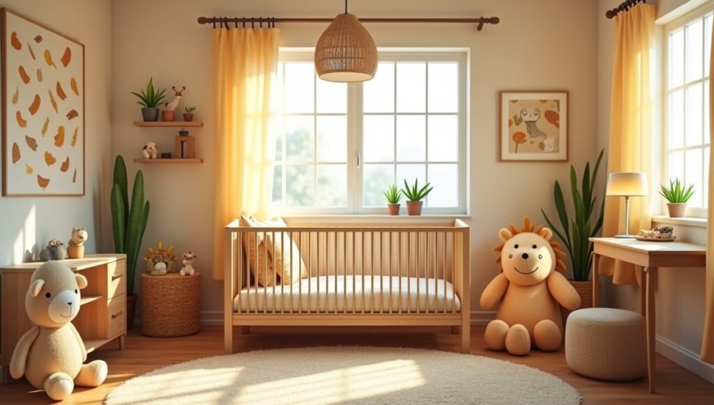 Warm and inviting safari-themed nursery featuring a cozy crib, soft lighting, and playful animal print decor, creating a nurturing atmosphere for babies and parents.