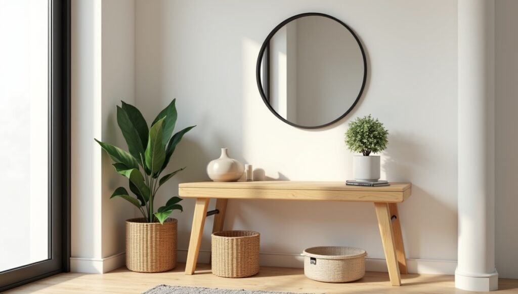 Small modern entryway table decor ideas with light oak console, woven storage basket, black mirror, and green plant. Simple, clutter-free design for functional home entryways.