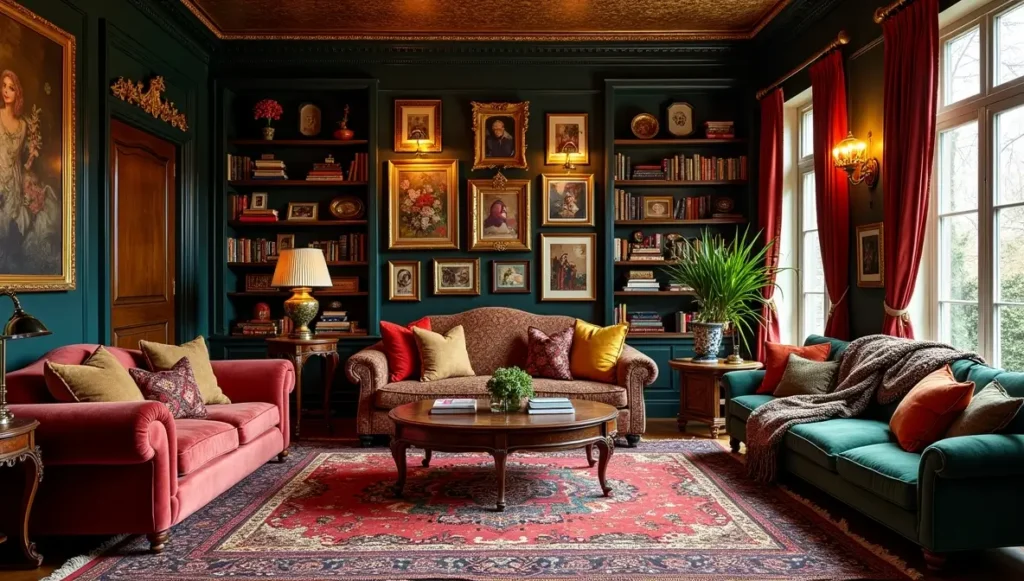 Opulent maximalist living room featuring jewel-toned walls, a dense gallery wall, plush velvet furniture, and layered patterns.