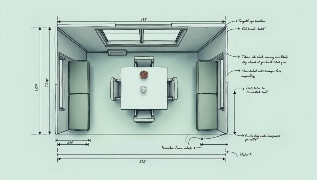 Blueprint layout of small dining room with foldable wall-mounted table, bench storage, and traffic flow optimization – space-saving design plan.
