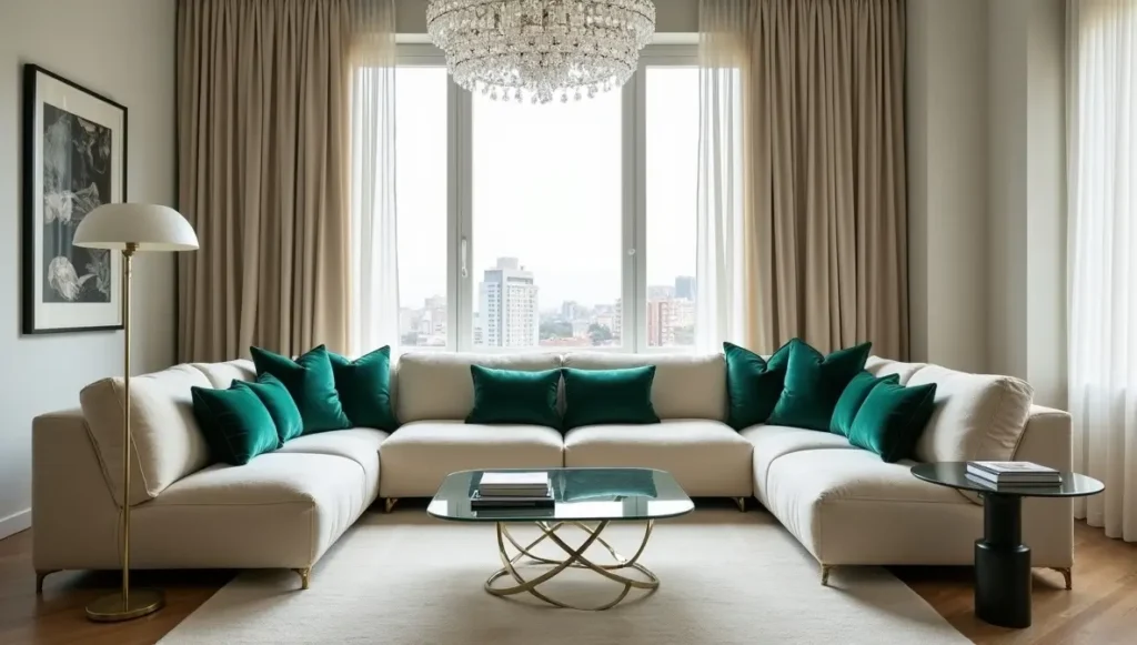 Ivory and emerald monochromatic small living room with leggy furniture and layered lighting - luxury color palette solutions