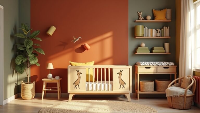 Whimsical safari nursery decor with giraffe crib, savanna mural, and jungle-themed textiles for adventurous baby room ideas.