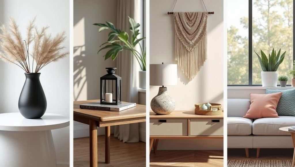 Four entryway table decor styles: minimalist, rustic, glamorous, and bohemian. Features marble, reclaimed wood, macramé, and metallic accents for diverse design inspiration.