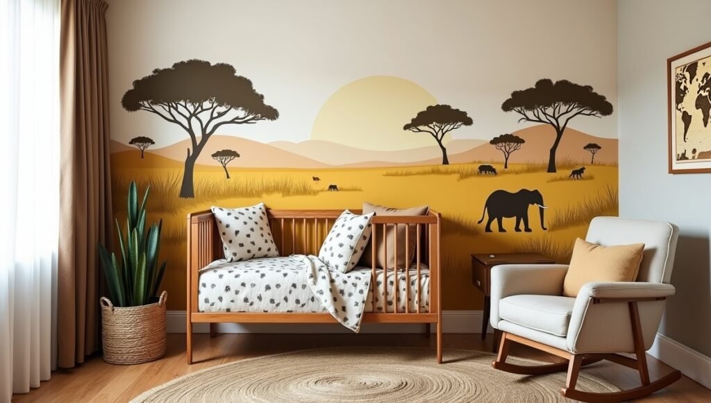 Safari nursery wall with hand-painted savanna mural, animal decals, zebra-print curtains, and organic cotton crib bedding.