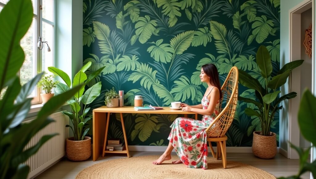 tropical home office, bamboo desk, vacation workspace