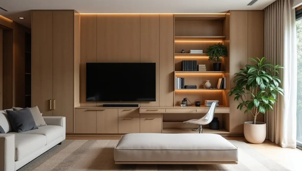 Transparent furniture and custom built-in storage for small spaces - spatial division hacks in luxury compact living room