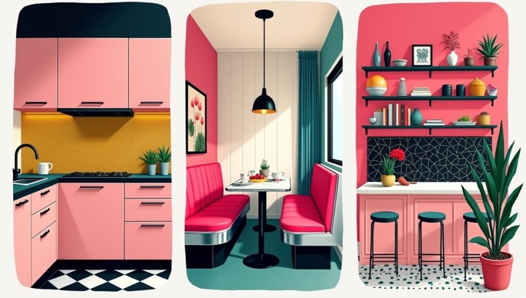 modern matte pink cabinets, 1950s retro kitchen, eclectic pink interiors, geometric backsplash