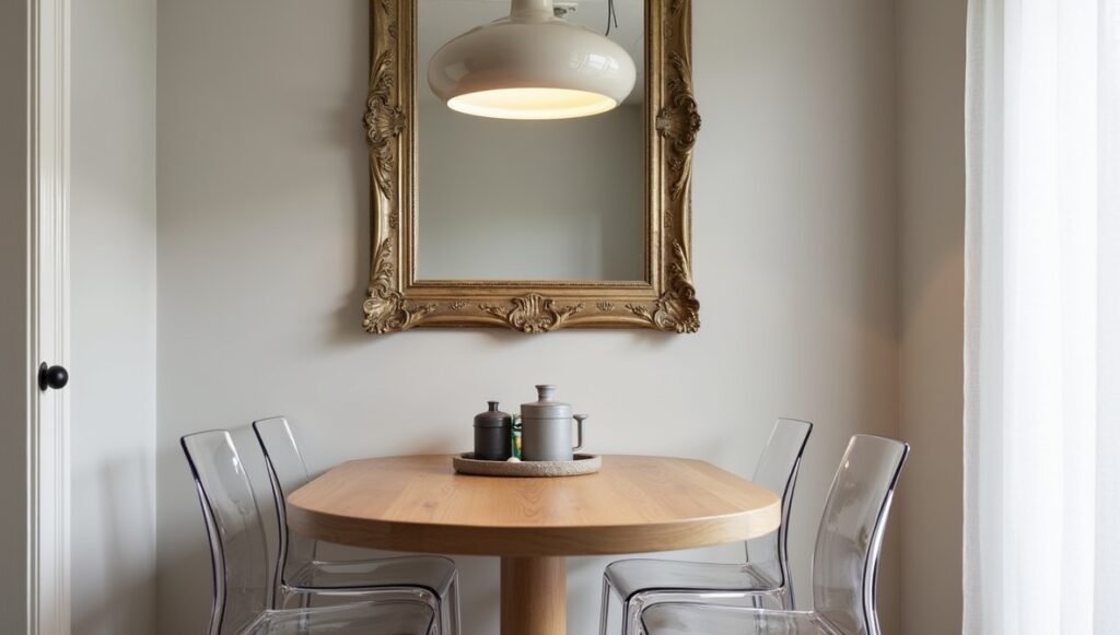 Space-saving oval oak table with transparent acrylic chairs in a bright, airy dining room – modern farmhouse style