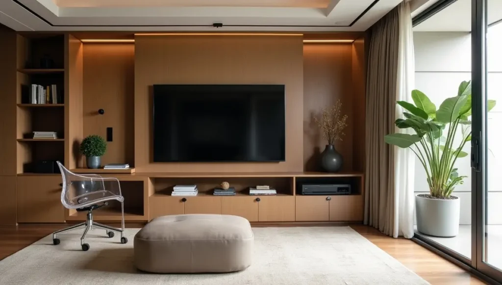 Transparent furniture and custom built-in storage for small spaces - spatial division hacks in luxury compact living room