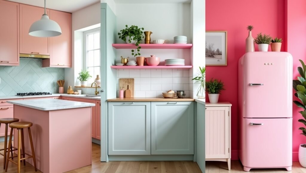 Blush pink kitchen island, small-space floating shelves, and neon accent wall in creative pink kitchen design ideas.