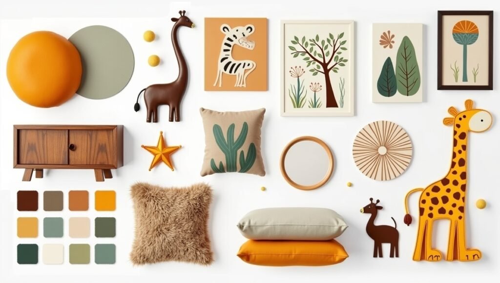 Artistic display of color schemes for a safari nursery, featuring earthy tones, bright colors, and neutral accents alongside decor items like bedding and wall art, ideal for stylish baby rooms.
