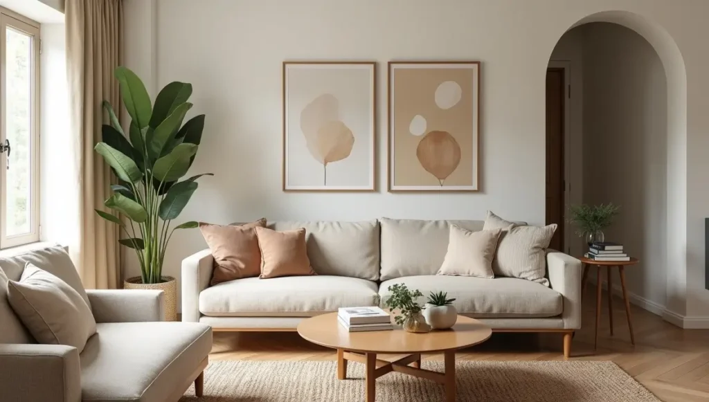Balanced midimalist living room with neutral walls, statement art, and a comfortable mix of modern and traditional furniture.