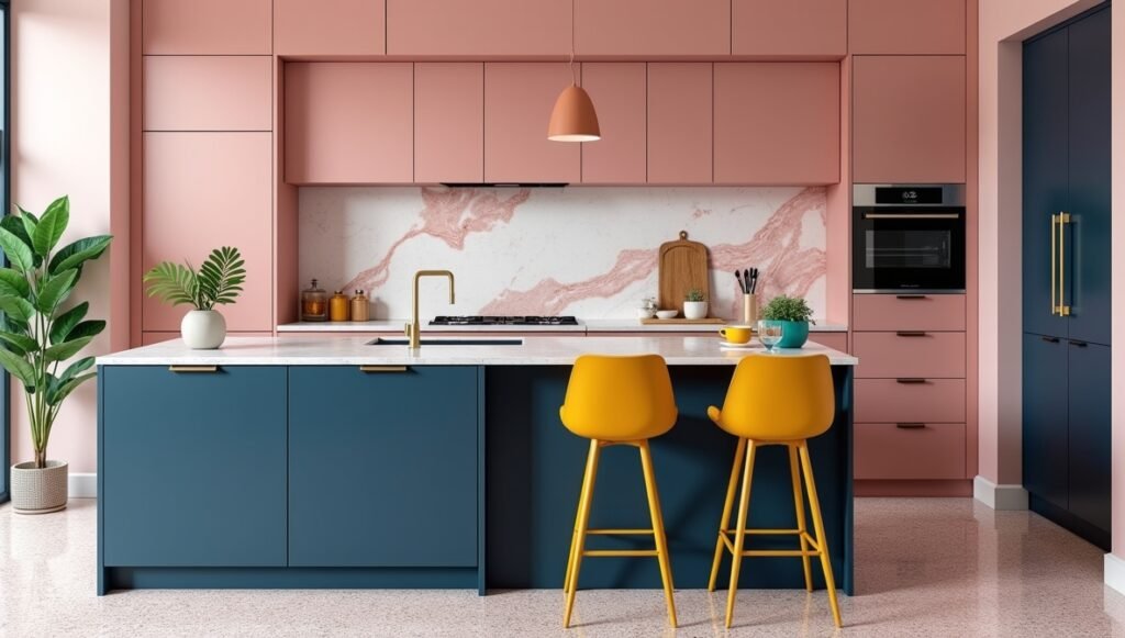 Navy blue cabinets, emerald plants, and mustard barstools paired with pink marble countertops and terrazzo flooring.