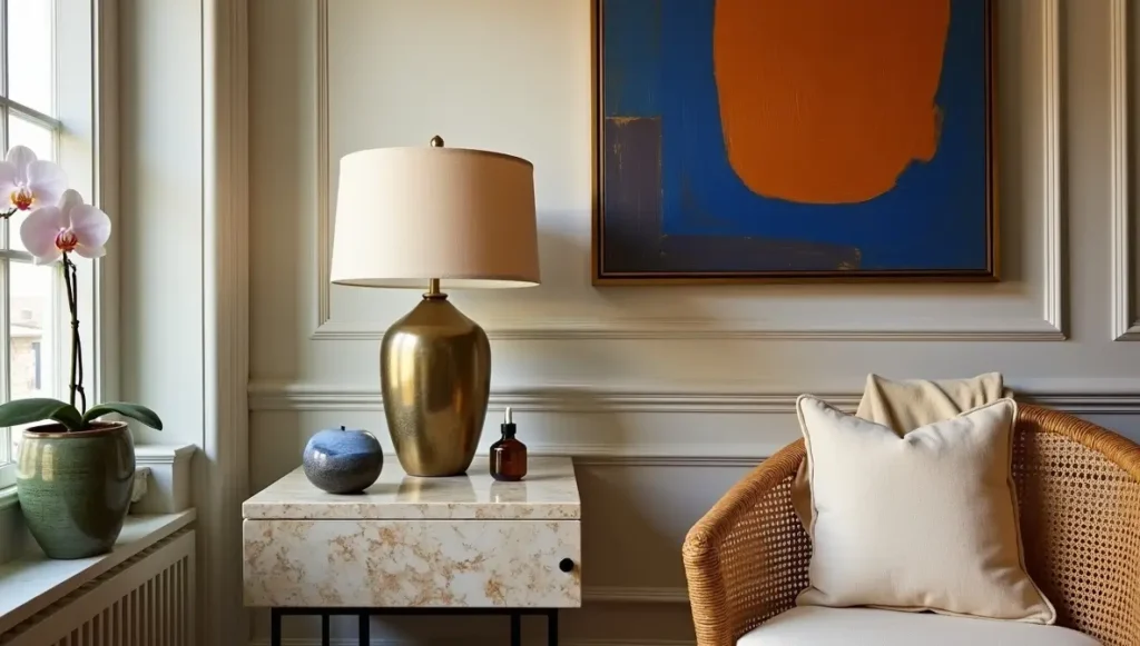 Tactile texture mixing and gallery wall art in small luxury living room - biophilic design with architectural moldings