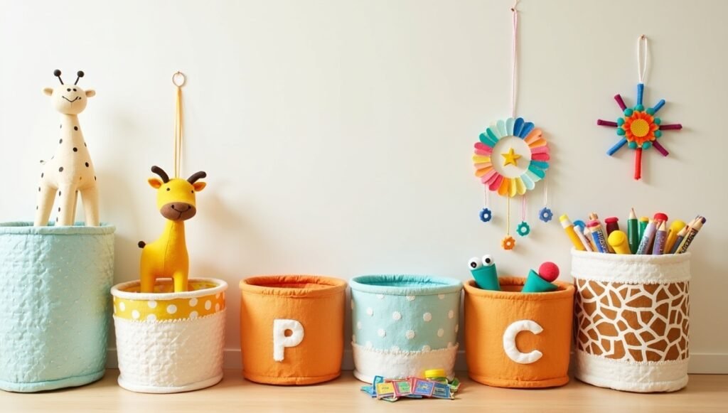 Creative DIY safari decor projects for a nursery, including personalized storage bins, showcasing fun crafting ideas for parents.