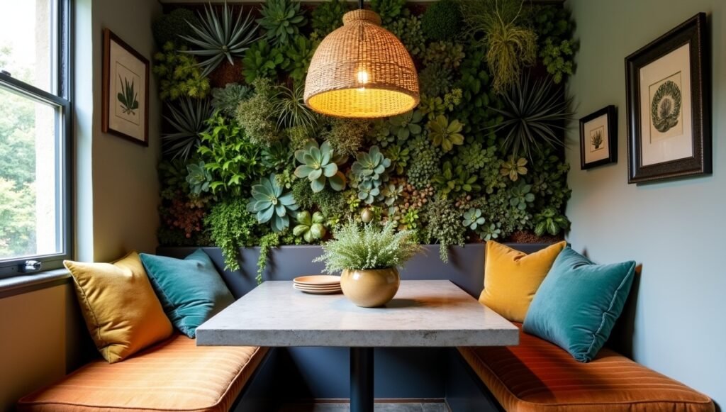 Small dining room with vertical succulent garden, mixed textures, and hidden under-seat storage – bohemian-industrial fusion design.