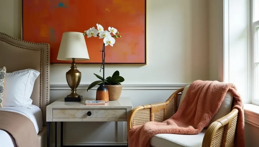 Tactile texture mixing and gallery wall art in small luxury living room - biophilic design with architectural moldings