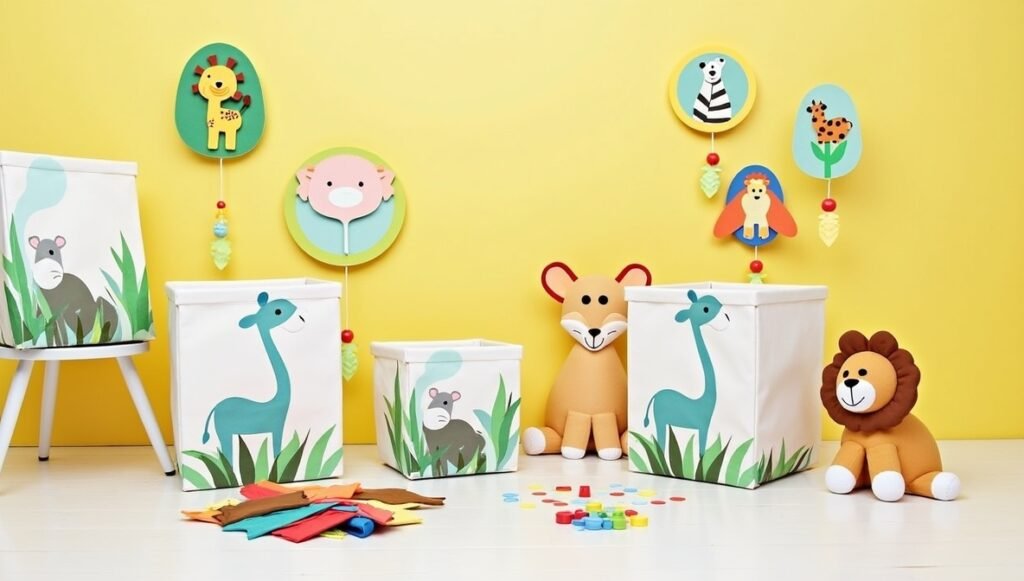 Creative DIY safari decor projects for a nursery, including handmade animal wall art, colorful mobiles and showcasing fun crafting ideas for parents.