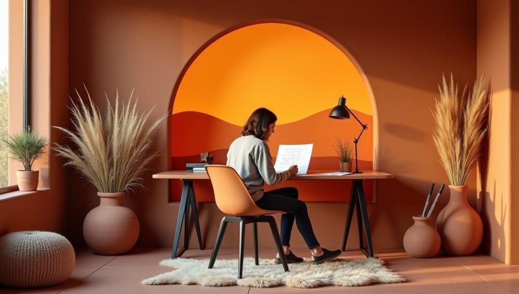 desert modern office, terracotta desk, organic workspace