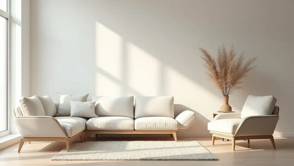 Serene soft minimalist living room with a muted color palette, textured upholstery, and abundant natural light creating a tranquil feel.