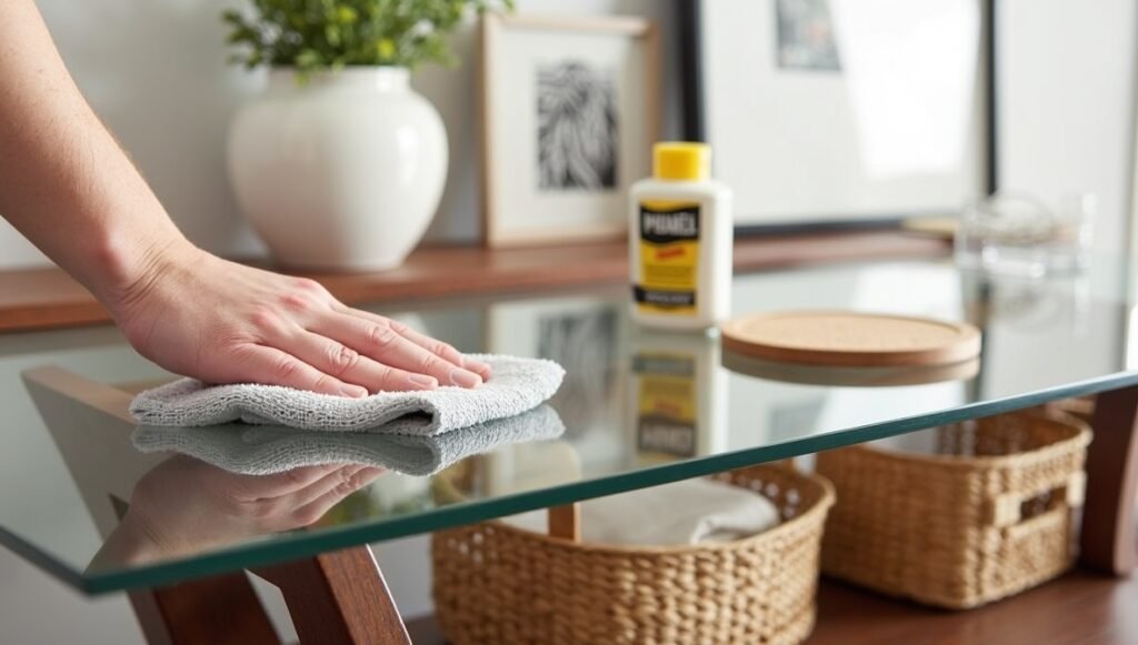 Close-up of cleaning glass-top entryway table with microfiber cloth and wood polish. Protective coasters and storage basket for long-lasting furniture care.