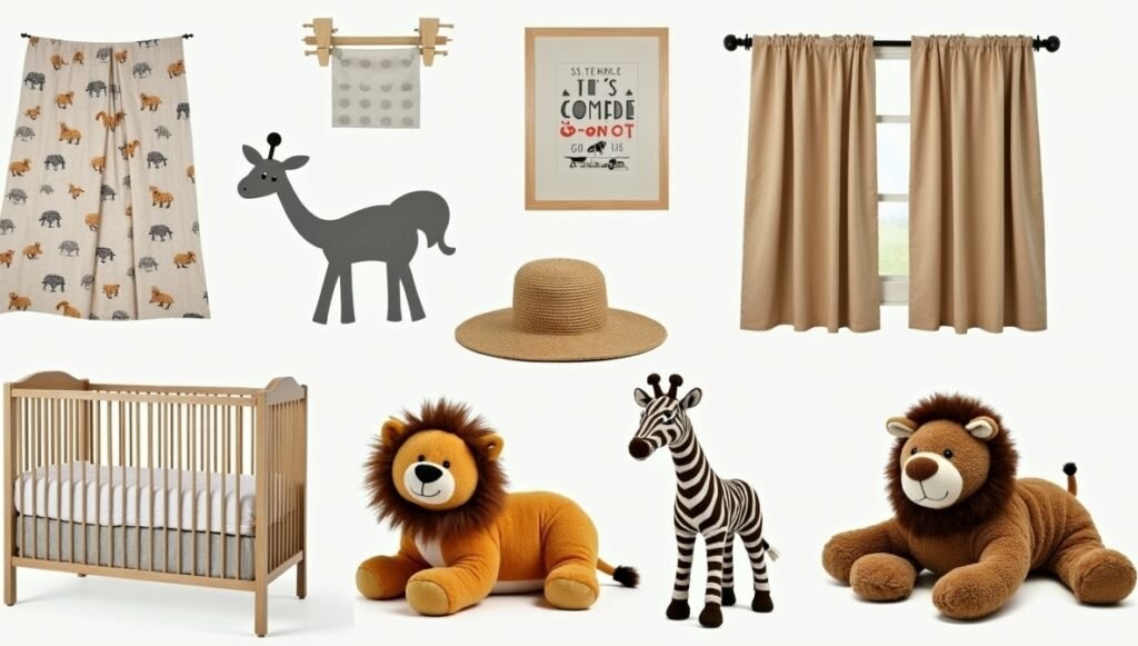 Stylish accessories for a safari-themed nursery, featuring safari-themed textiles, decorative wall art, and cute stuffed animals, enhancing the overall decor and charm of the baby’s room.