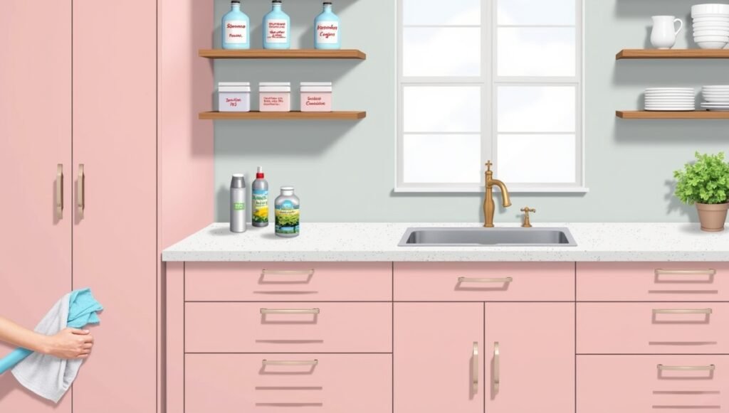 cleaning pink kitchen cabinets, pH-neutral cleaners, durable quartz countertops, organized storage