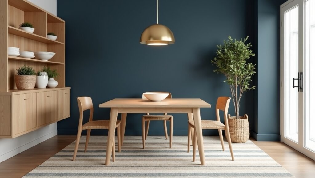 Coastal contemporary dining area with navy blue accent wall, horizontal striped rug, and open shelving for small spaces.
