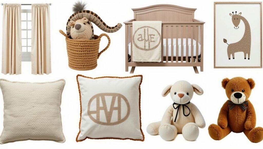 Stylish accessories for a safari-themed nursery, featuring safari-themed textiles, decorative wall art, and cute stuffed animals, enhancing the overall decor and charm of the baby’s room.