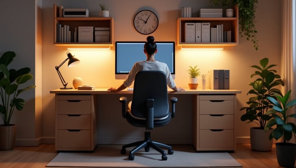 ergonomic home office, adjustable chair, organized storage